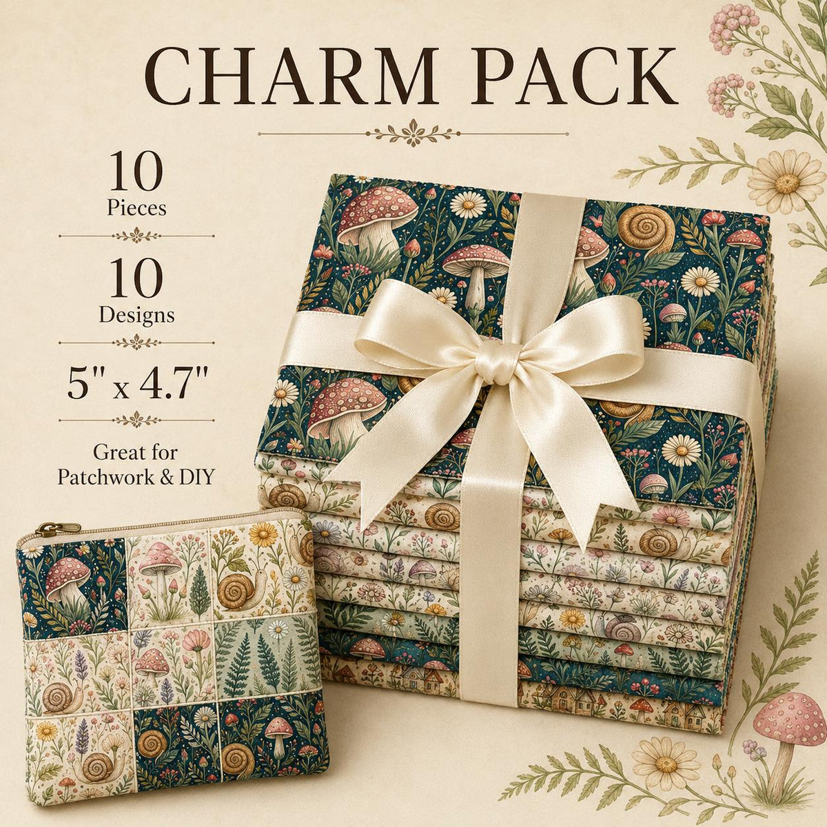 10Pc/Set Flower Mushroom Series Daisy Snails  Fat Quarter Fabric, Pre-Cut Square Fabric Assort, Fabric Set, Craft Fabric, Handmade DIY Patchwork Fabric,Home Quilting Sewing Fabric, Packaging Fabric, Scrapbooking Craft Hobbyist