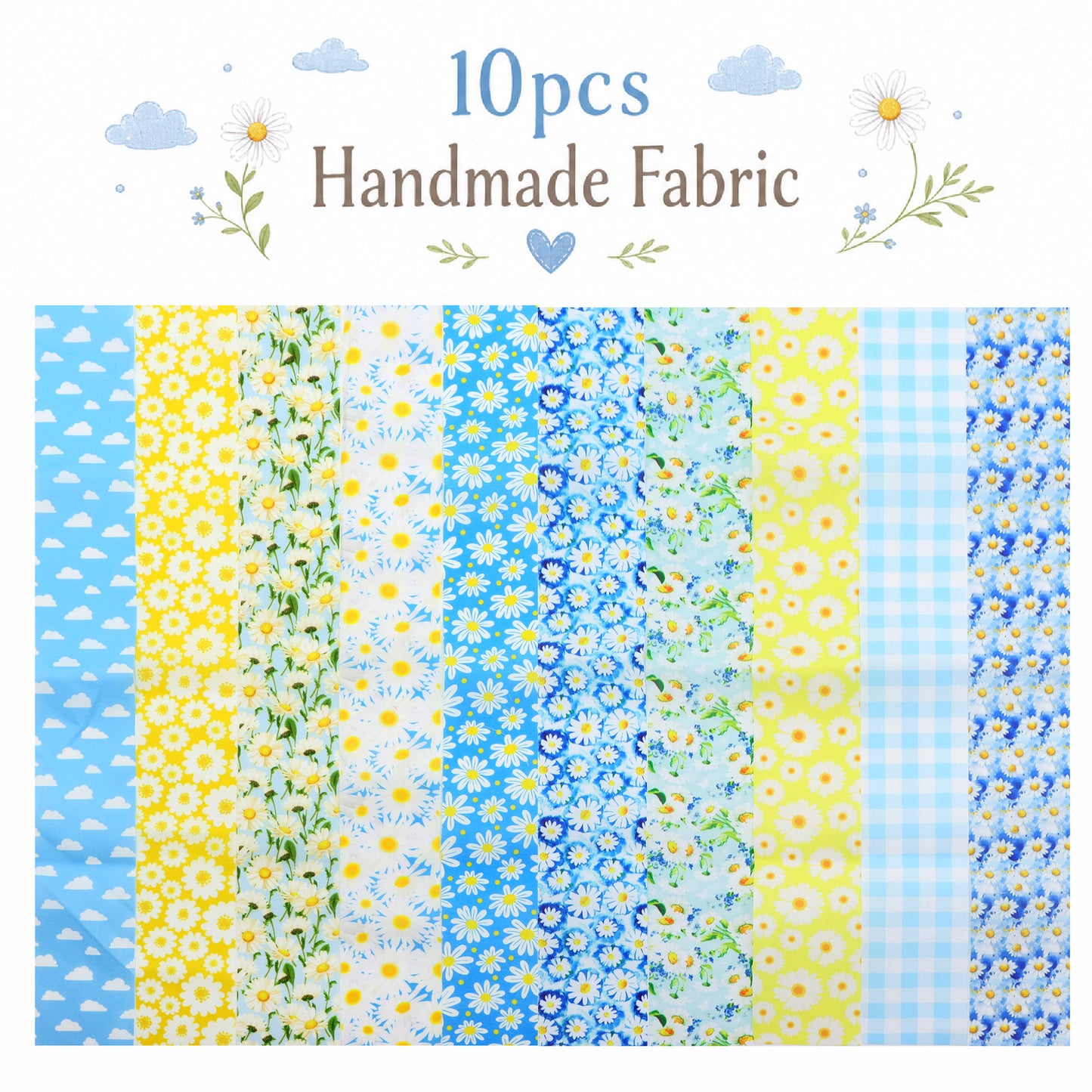 10Pc/Set, Making 10 Images 1pc Each, Each Size: 6.3*50cm Floral Daisy Blue Series Sliced Fabric Set Style Combination, Polyester Jelly Roll Fabric Strips, Pre-Cut Quilting Squares, For Quilting DIY, Handicrafts And Sewing, Blankets, Rugs