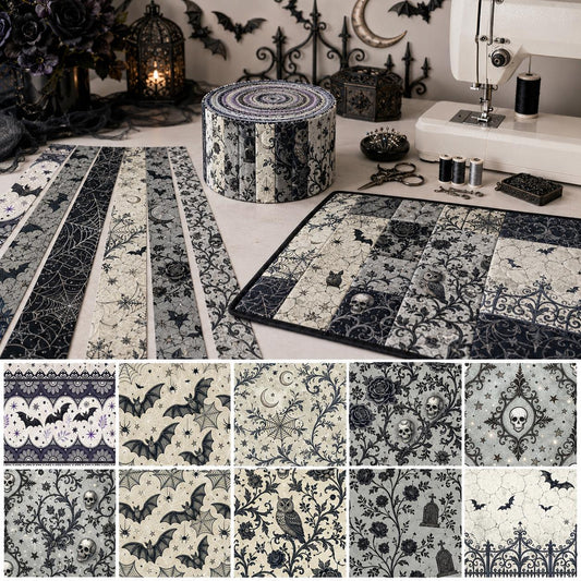 10pcs Vintage Skull Cat Bat Halloween Theme Jelly Roll Fabric Strips 2.5X19.7inch Pre-Cut 100% Polyester For Patchwork Quilts, Table Runners, Placemats, Tote Bags, Storage Pouches, Makeup Bags, Coasters, Quilt Blocks & Binding