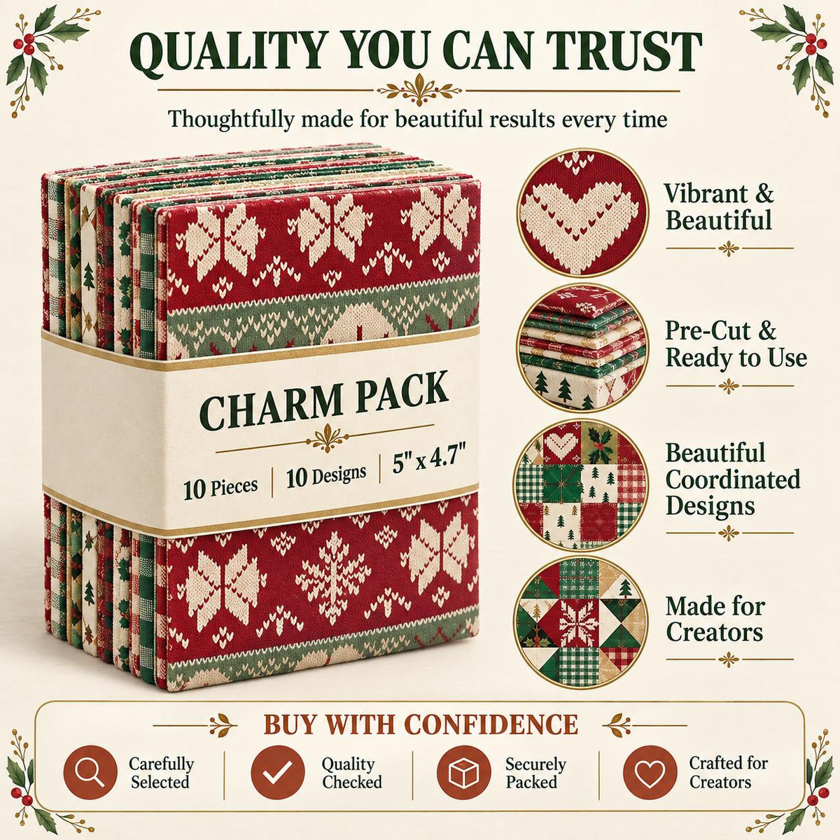10Pc/Set Christmas Series Stripe Heart Plaid Holly Pinecones Fat Quarter Fabric, Pre-Cut Square Fabric Assort, Fabric Set, Craft Fabric, Handmade DIY Patchwork Fabric,Home Quilting Sewing Fabric, Packaging Fabric, Scrapbooking Craft Hobbyist