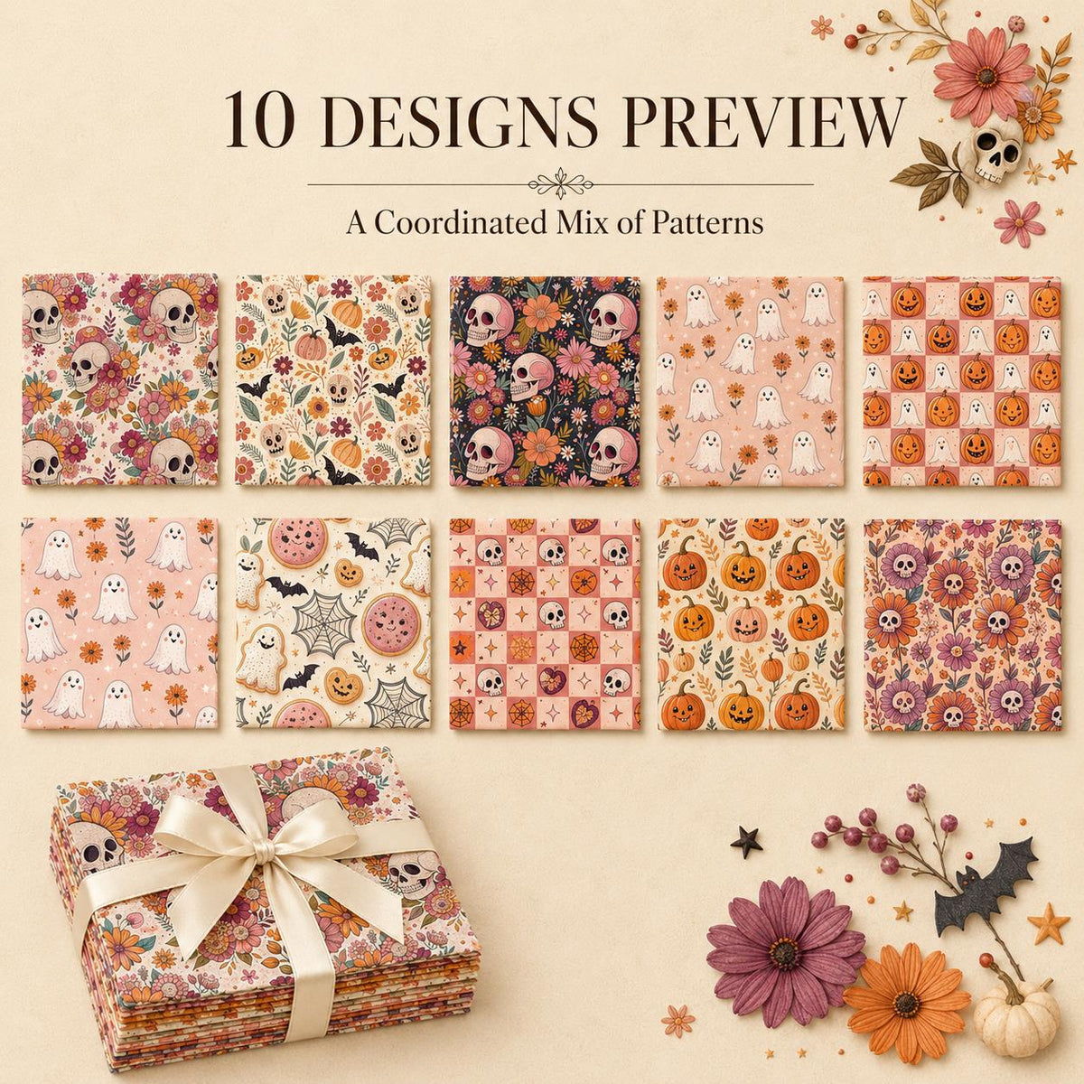 10pcs Charm Pack Set Halloween Pumpkin Ghost Pattern Vintage Style Handmade DIY with Rich Color and Texture Elements 100% Polyester Patchwork in 10 Design Styles Suitable for Patchwork DIY Craft Projects DIY Wallet Making Gift Giving Bag Making Mother's D