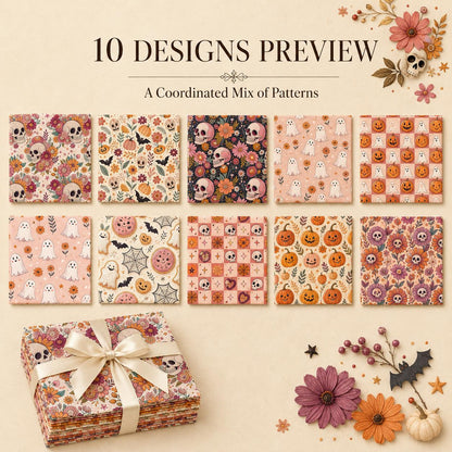 10pcs Charm Pack Set Halloween Pumpkin Ghost Pattern Vintage Style Handmade DIY with Rich Color and Texture Elements 100% Polyester Patchwork in 10 Design Styles Suitable for Patchwork DIY Craft Projects DIY Wallet Making Gift Giving Bag Making Mother's D