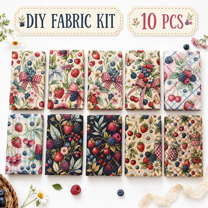 10Pc/Set Fruit Series Bows Butterfly Flower Plaid Strawberry Daisy Blueberry Fat Quarter Fabric, Pre-Cut Square Fabric Assort, Fabric Set, Craft Fabric, Handmade DIY Patchwork Fabric,Home Quilting Sewing Fabric, Packaging Fabric, Scrapbooking Craft Hobbyi