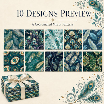 10pcs Charm Pack Set Peacock Feathers VIntage Style Pattern HAndmade DIY With Rich Color and Texture Elements 100% Polyester Patchwork in 10 Design Styles Suitable For Patchwork DIY Craft Projects DIY Wallet Making Gift Giving Bag Making Mother's Day Gift