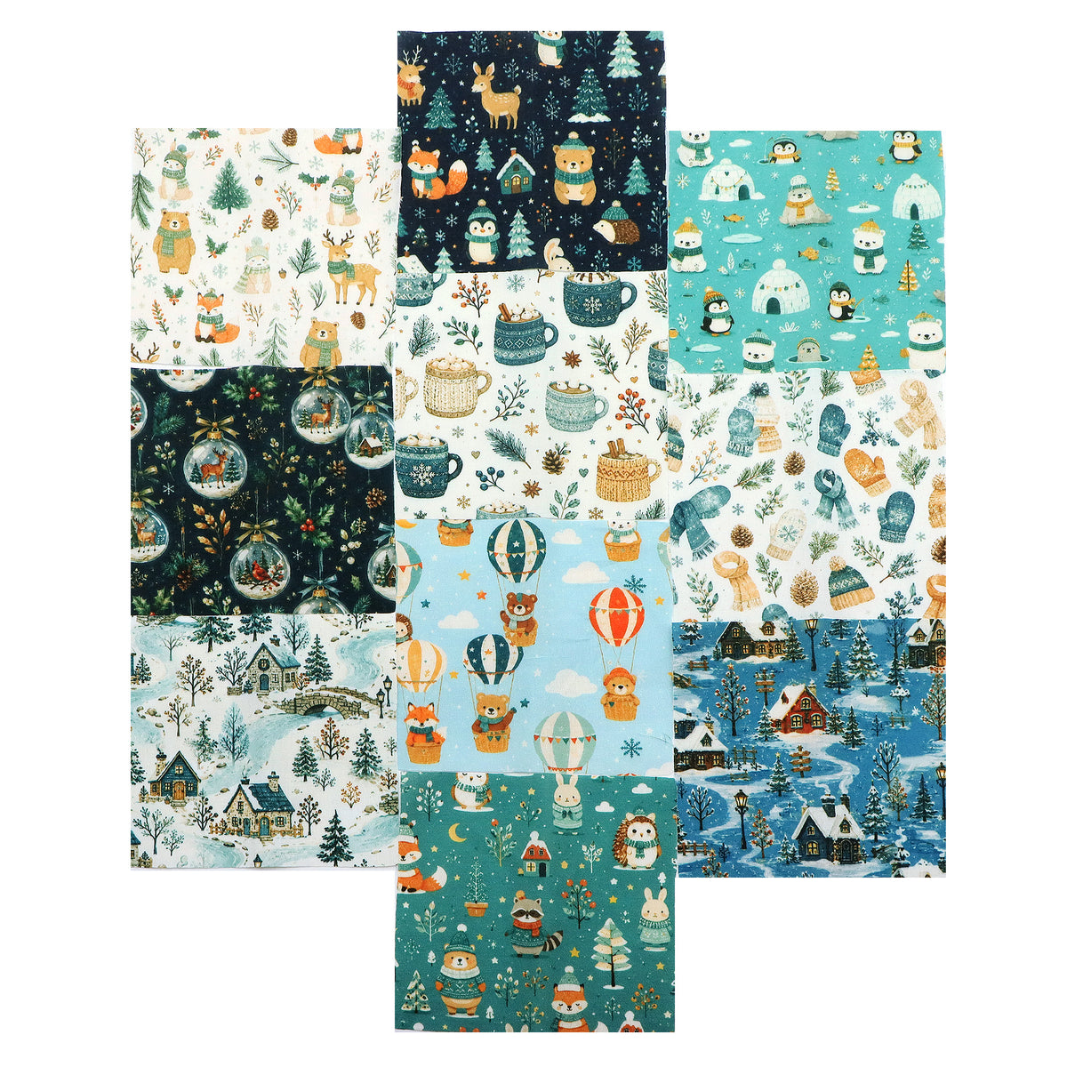 10Pc/Set Christmas Series Heart Star Rabbit Deer Fox Penguin Bear Holly Pinecones Seal Fire Balloon Fat Quarter Fabric, Pre-Cut Square Fabric Assort, Fabric Set, Craft Fabric, Handmade DIY Patchwork Fabric,Home Quilting Sewing Fabric, Packaging Fabric, Sc