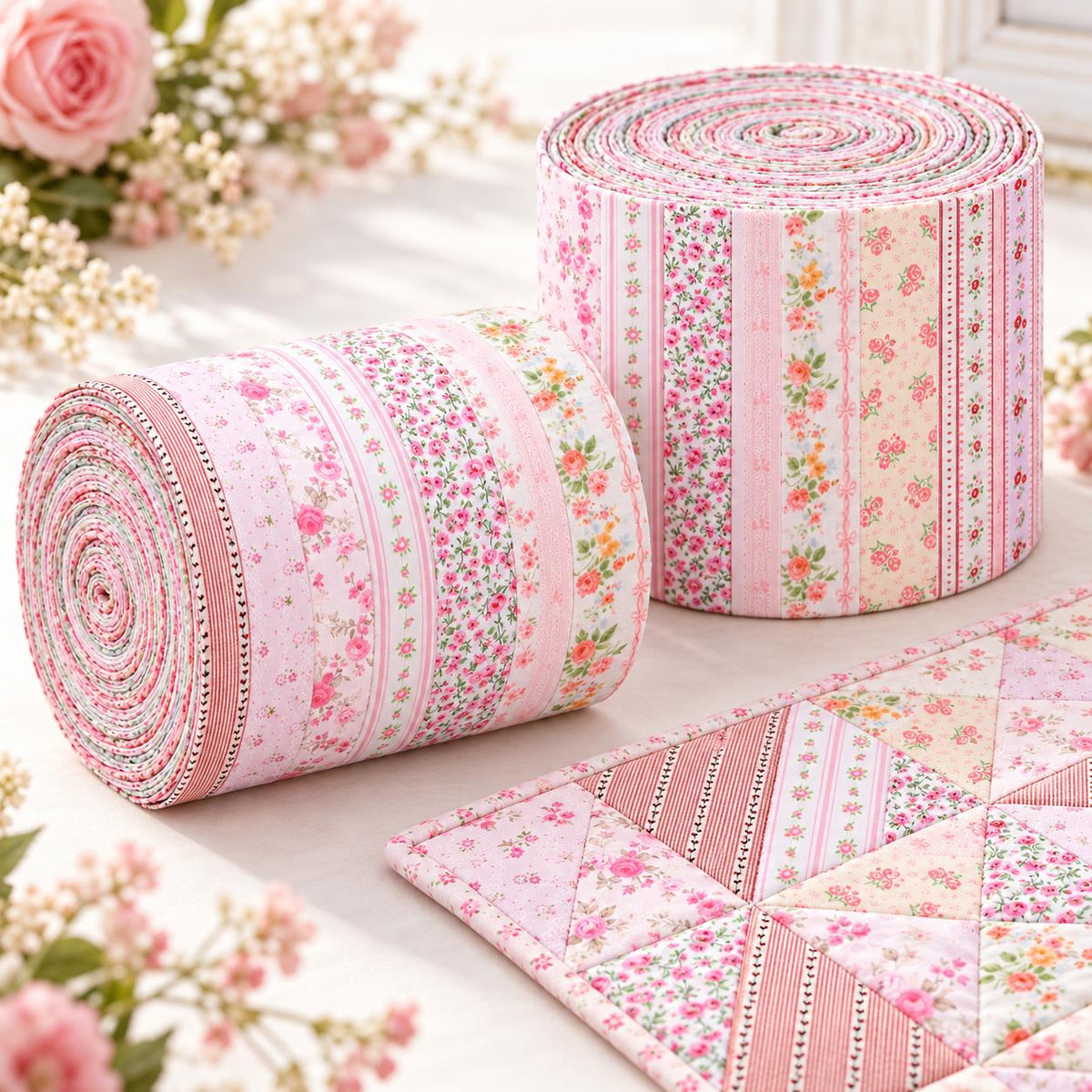 10pcs Vintage Floral Pink Pattern Jelly Roll Fabric Strips 2.5X19.7inch Pre-cut 100% Polyester for Patchwork Quilts, Table Runners, Placemats, Tote Bags, Storage Pouches, Makeup Bags, Coasters, Quilt Blocks & Binding Multi-color