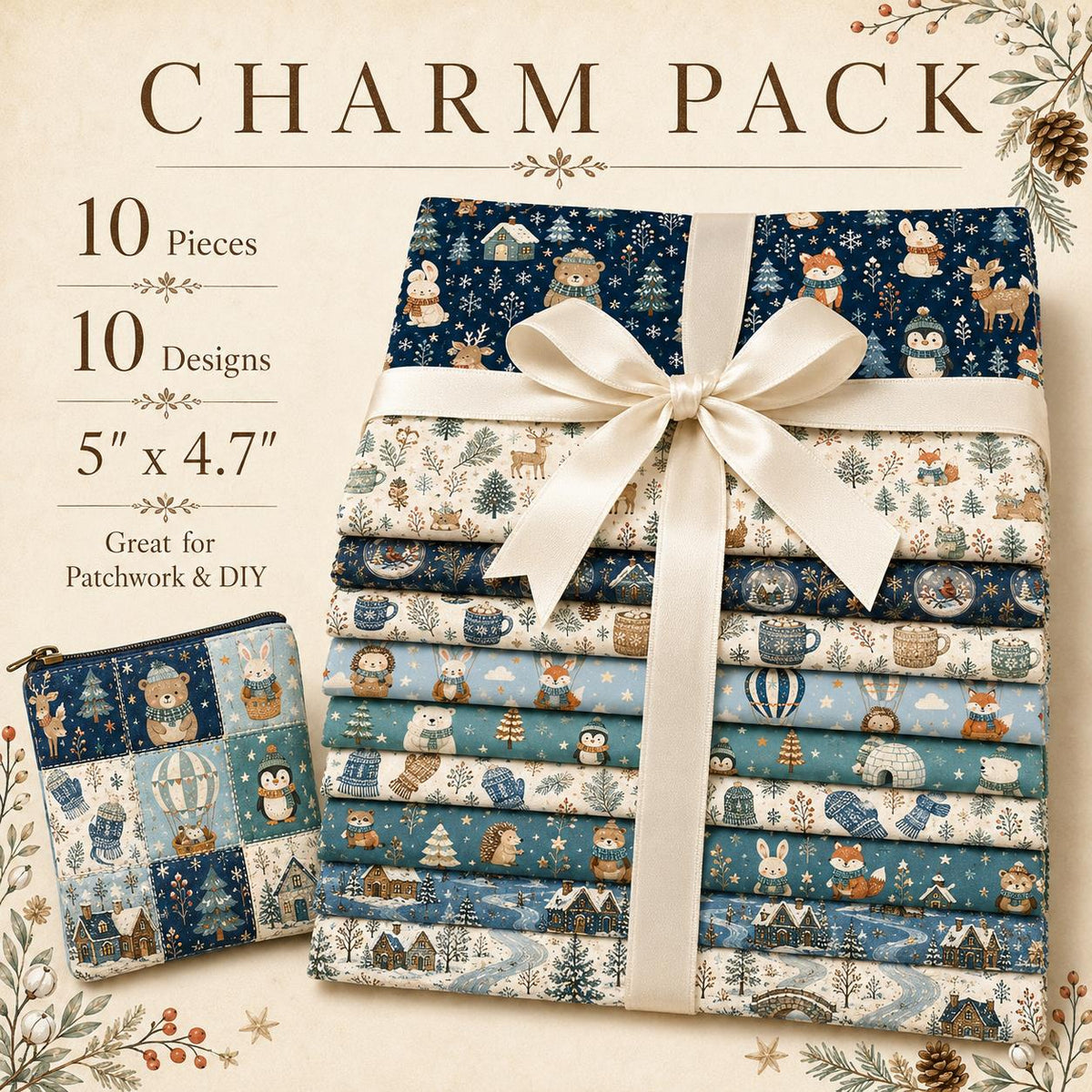 10Pc/Set Christmas Series Heart Star Rabbit Deer Fox Penguin Bear Holly Pinecones Seal Fire Balloon Fat Quarter Fabric, Pre-Cut Square Fabric Assort, Fabric Set, Craft Fabric, Handmade DIY Patchwork Fabric,Home Quilting Sewing Fabric, Packaging Fabric, Sc