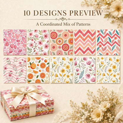 10Pc/Set Flower Series Orange Stone Stripe Peach Blossoms Fat Quarter Fabric, Pre-Cut Square Fabric Assort, Fabric Set, Craft Fabric, Handmade DIY Patchwork Fabric,Home Quilting Sewing Fabric, Packaging Fabric, Scrapbooking Craft Hobbyist