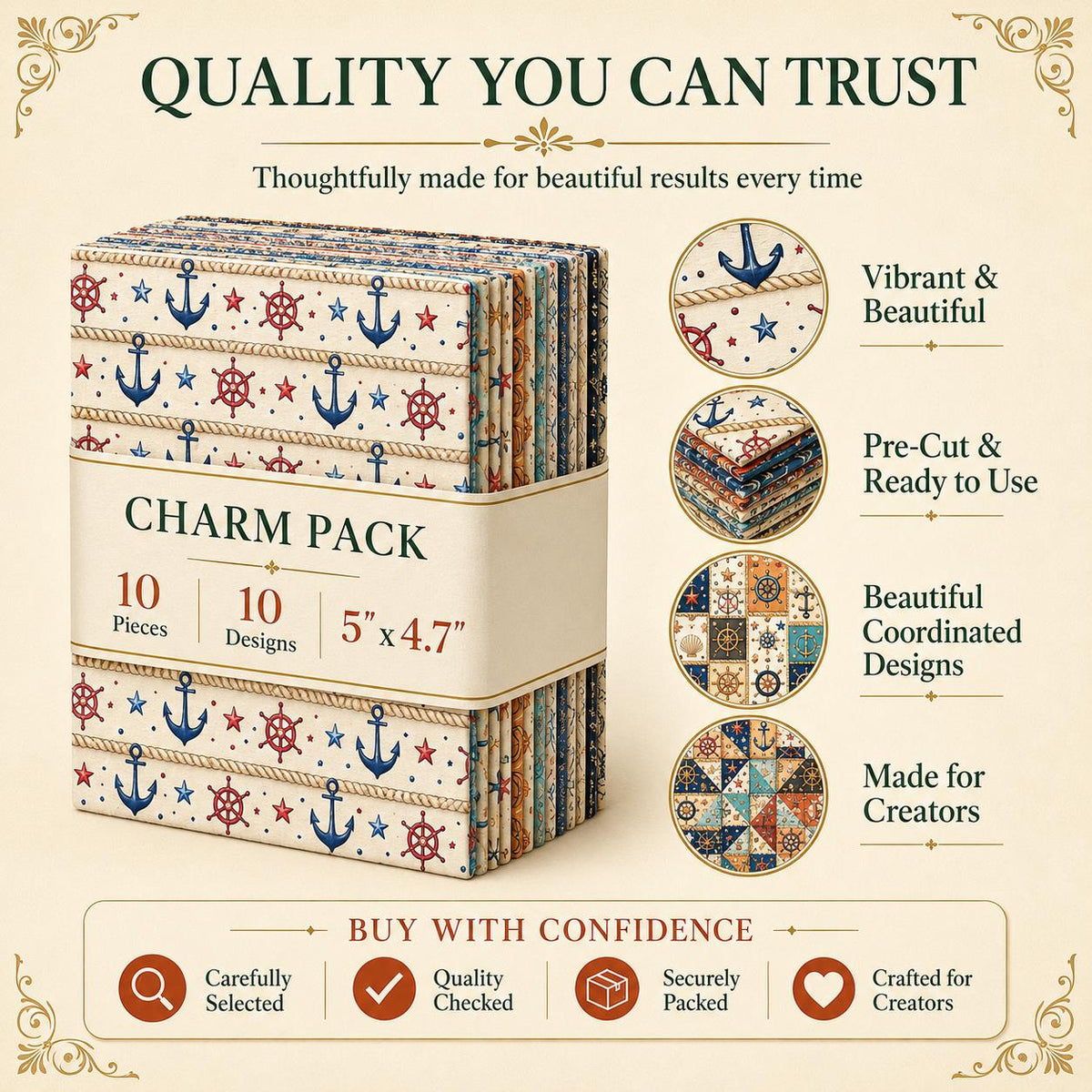 10pcs Charm Pack Set Anchor Pattern 100% Polyester Patchwork in 10 Design Styles, Ready-to-Sew Without Cutting, Suitable For Patchwork Wallet Making Gift Giving Tote Bags Coasters DIY Craft Projects