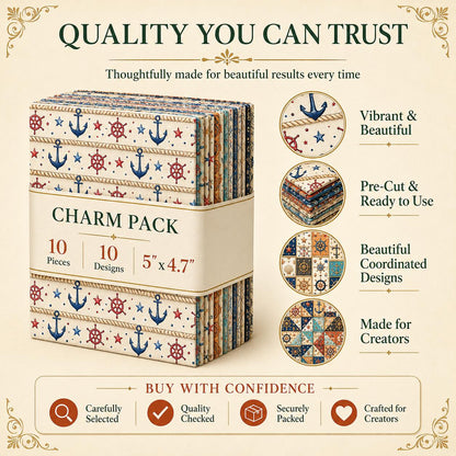 10pcs Charm Pack Set Anchor Pattern 100% Polyester Patchwork in 10 Design Styles, Ready-to-Sew Without Cutting, Suitable For Patchwork Wallet Making Gift Giving Tote Bags Coasters DIY Craft Projects