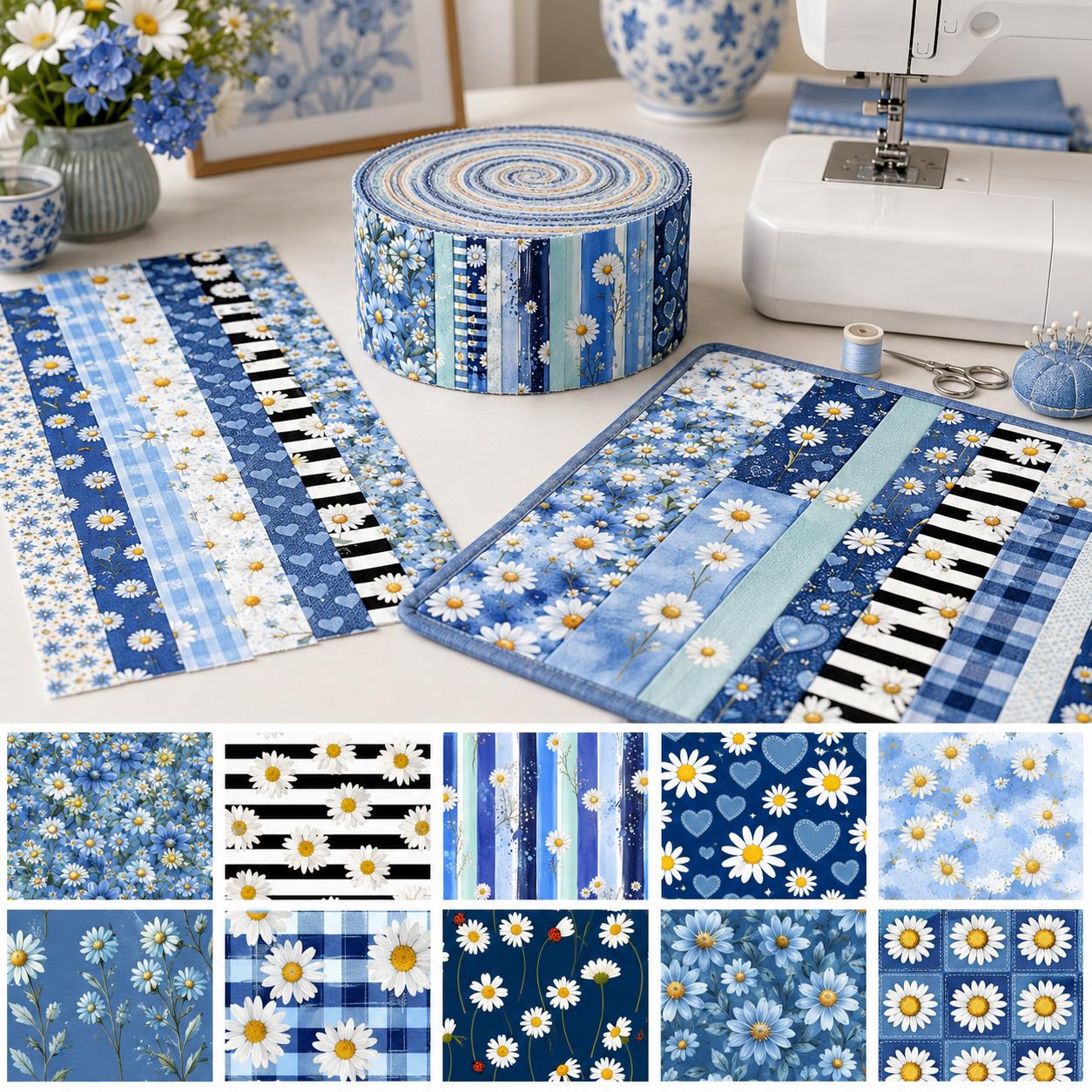 10pcs Vintage Daisy Floral Pattern Jelly Roll Fabric Strips 2.5X19.7inch Pre-cut 100% Polyester for Patchwork Quilts, Table Runners, Placemats, Tote Bags, Storage Pouches, Makeup Bags, Coasters, Quilt Blocks & Binding