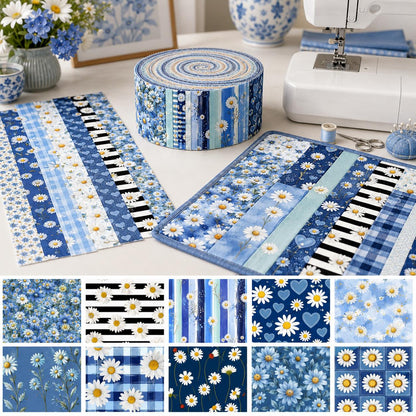 10pcs Vintage Daisy Floral Pattern Jelly Roll Fabric Strips 2.5X19.7inch Pre-cut 100% Polyester for Patchwork Quilts, Table Runners, Placemats, Tote Bags, Storage Pouches, Makeup Bags, Coasters, Quilt Blocks & Binding