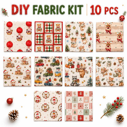 10Pc/Set Christmas Series Santa Claus Deer Holly Crutch Christmas Tree Fox Fat Quarter Fabric, Pre-Cut Square Fabric Assort, Fabric Set, Craft Fabric, Handmade DIY Patchwork Fabric,Home Quilting Sewing Fabric, Packaging Fabric, Scrapbooking Craft Hobbyist