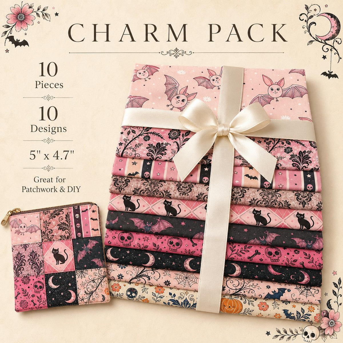 10pcs Charm Pack Set Bat Pumpkin Skull Halloween Vintage Style Pattern Handmade DIY with Rich Color and Texture Elements 100% Polyester Patchwork in 10 Design Styles Suitable for Patchwork DIY Craft Projects DIY Wallet Making Gift Giving Bag Making