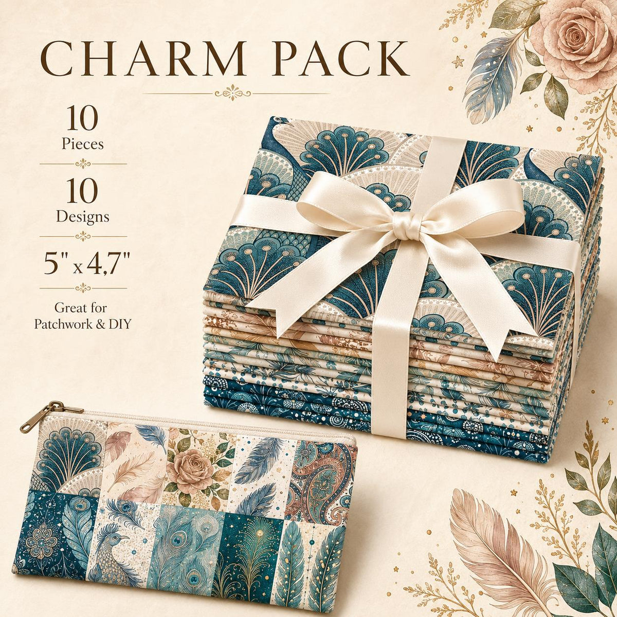 10pcs Charm Pack Set Peacock Feathers VIntage Style Pattern HAndmade DIY With Rich Color and Texture Elements 100% Polyester Patchwork in 10 Design Styles Suitable For Patchwork DIY Craft Projects DIY Wallet Making Gift Giving Bag Making Mother's Day Gift