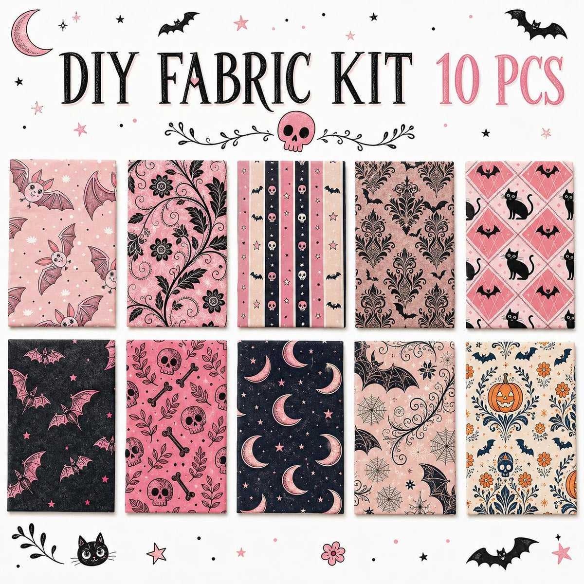 10pcs Charm Pack Set Bat Pumpkin Skull Halloween Vintage Style Pattern Handmade DIY with Rich Color and Texture Elements 100% Polyester Patchwork in 10 Design Styles Suitable for Patchwork DIY Craft Projects DIY Wallet Making Gift Giving Bag Making