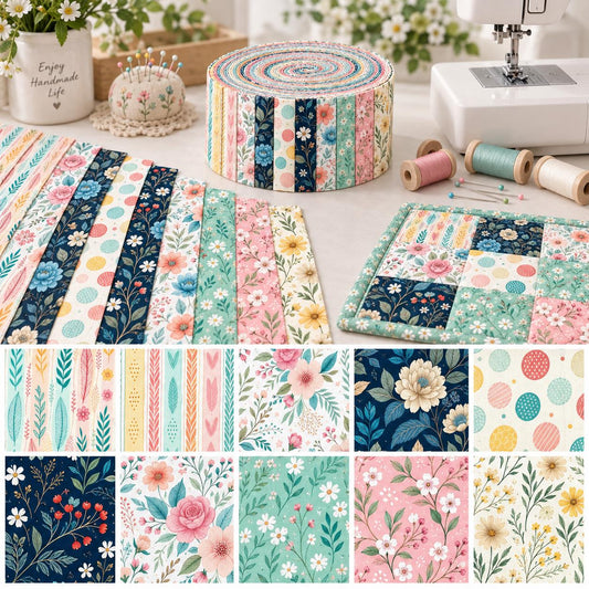 10pcs Vintage Floral Pattern Jelly Roll Fabric Strips 2.5X19.7inch Pre-Cut 100% Polyester For Patchwork Quilts, Table Runners, Placemats, Tote Bags, Storage Pouches, Makeup Bags, Coasters, Quilt Blocks & Binding