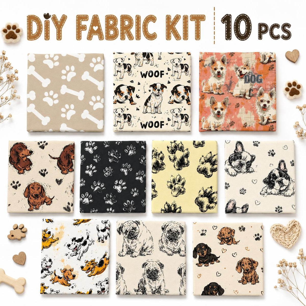 10pcs Charm Pack Set Dog Paw Pattern Vintage Style Handmade DIY with Rich Color and Texture Elements 100% Polyester Patchwork in 10 Design Styles Suitable for Patchwork DIY Craft Projects DIY Wallet Making Gift Giving Bag Making Mother's Day Gift