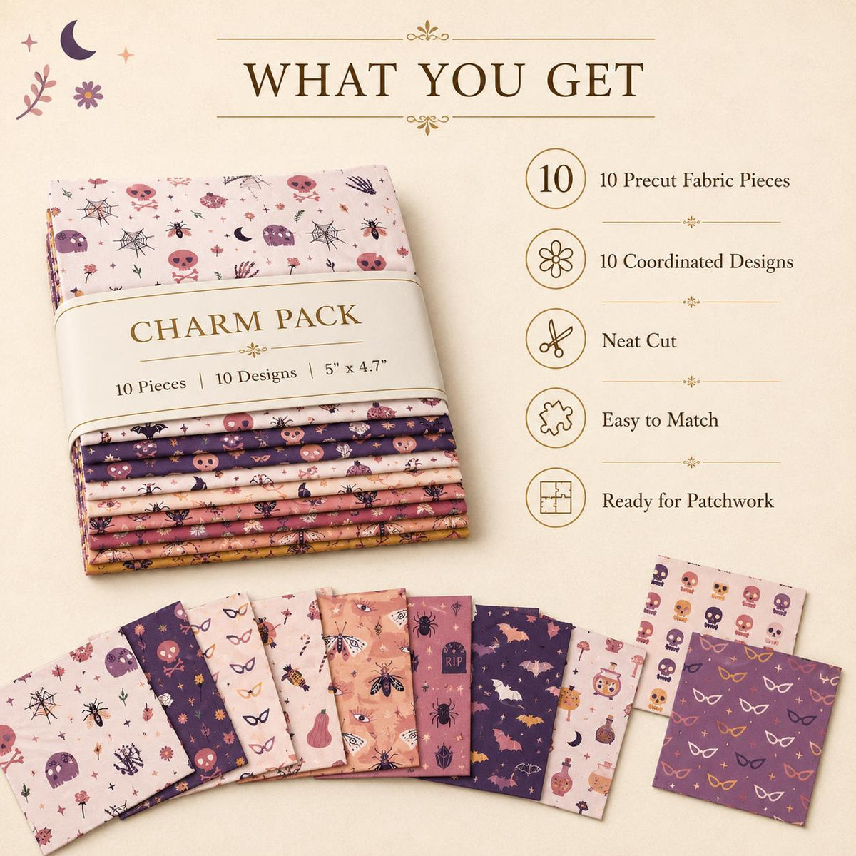 10pcs Charm Pack Set Bat Skull Spider Halloween Pattern Vintage Style Handmade DIY with Rich Color and Texture Elements 100% Polyester Patchwork in 10 Design Styles Suitable for Patchwork DIY Craft Projects DIY Wallet Making Gift Giving Bag Making Mother'