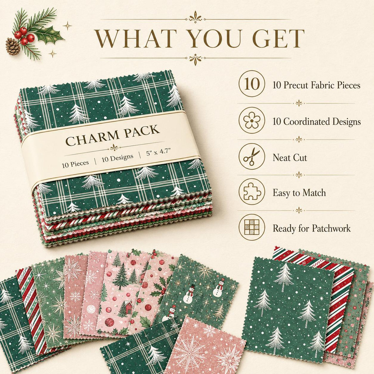 10Pc/Set Christmas Series Dot Stripe Plaid Tree Holly Crutch Fat Quarter Fabric, Pre-Cut Square Fabric Assort, Fabric Set, Craft Fabric, Handmade DIY Patchwork Fabric,Home Quilting Sewing Fabric, Packaging Fabric, Scrapbooking Craft Hobbyist