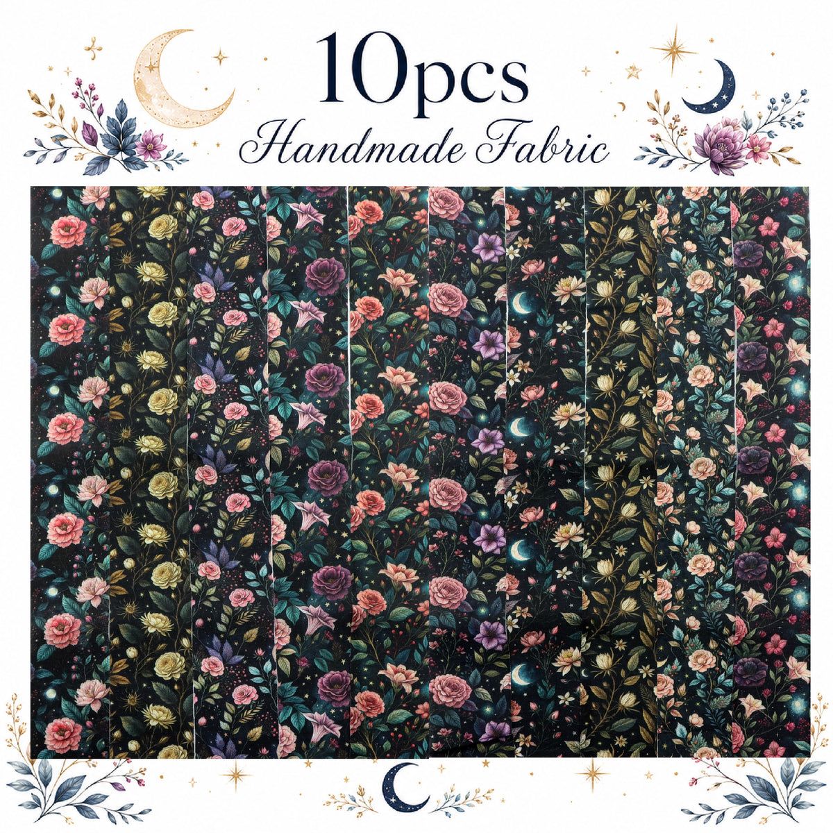 10pcs Vintage Floral Burgundy Moon Pattern Jelly Roll Fabric Strips 2.5X19.7inch Pre-Cut 100% Polyester For Patchwork Quilts, Table Runners, Placemats, Tote Bags, Storage Pouches, Makeup Bags, Coasters, Quilt Blocks & Binding