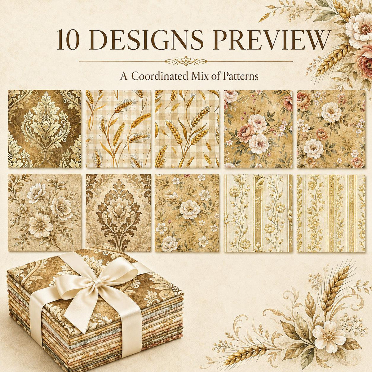 10pcS Charm Pack Set Floral Ear Of Wheat Pattern VIntage Style HAndmade DIY With Rich Color and Texture Elements 100% Polyester Patchwork in 10 Design Styles Suitable For Patchwork DIY Craft Projects DIY Wallet Making Gift Giving Bag Making Mother's Day G