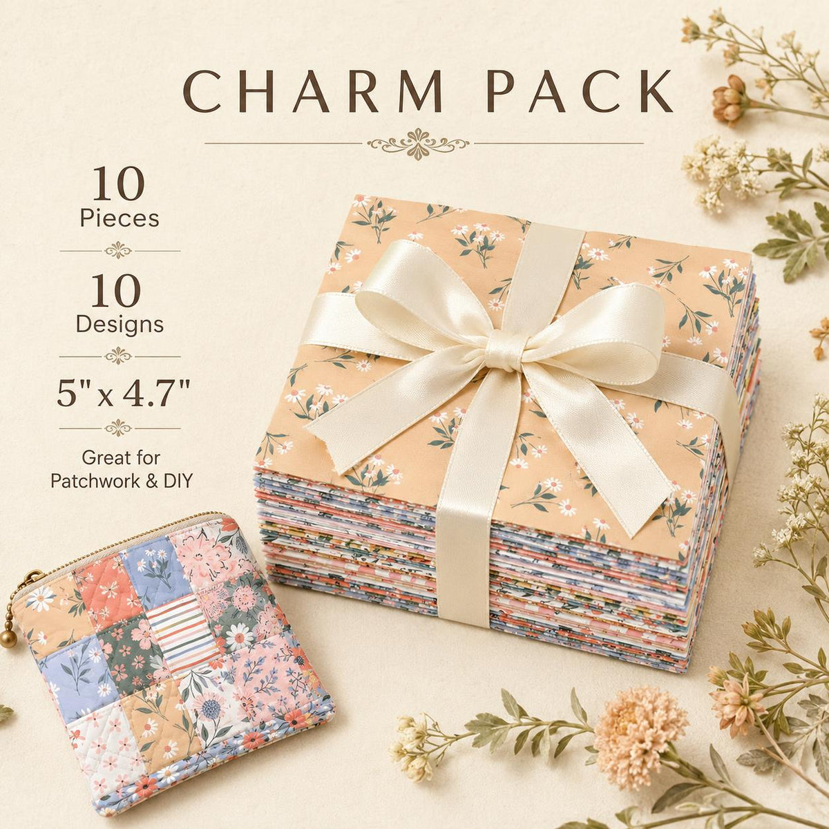 10pcs Charm Pack Set Floral Pattern Vintage Style Handmade DIY with Rich Color and Texture Elements 100% Polyester Patchwork in 10 Design Styles Suitable for Patchwork DIY Craft Projects DIY Wallet Making Gift Giving Bag Making Mother's Day Gift