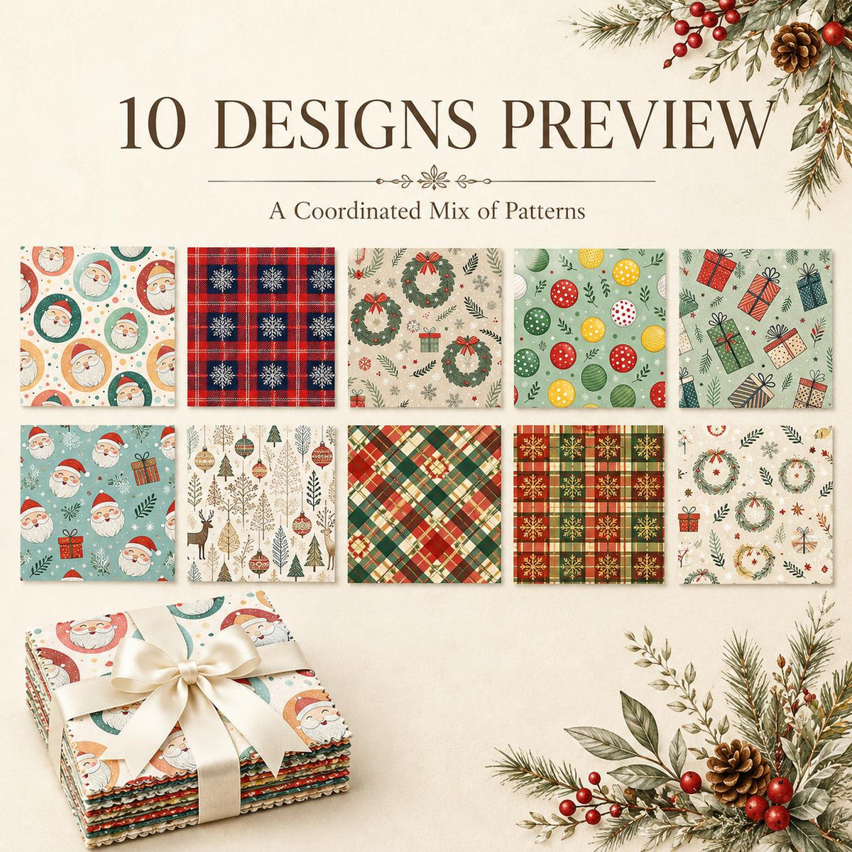 10Pc/Set Christmas Series Plaid Star Deer Santa Claus Gift Fat Quarter Fabric, Pre-Cut Square Fabric Assort, Fabric Set, Craft Fabric, Handmade DIY Patchwork Fabric,Home Quilting Sewing Fabric, Packaging Fabric, Scrapbooking Craft Hobbyist