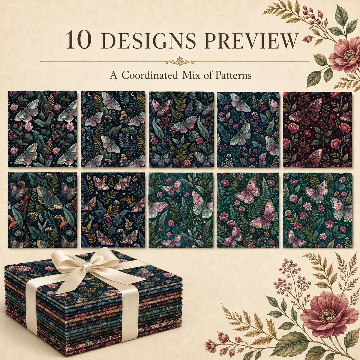 10Pc/Set Flower Butterfly Series Fat Quarter Fabric, Pre-Cut Square Fabric Assort, Fabric Set, Craft Fabric, Handmade DIY Patchwork Fabric,Home Quilting Sewing Fabric, Packaging Fabric, Scrapbooking Craft Hobbyist