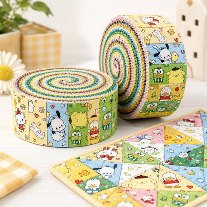 10pcs/Set, Making 10 Images 1pc Each, Each Size: 2.48*19.69inch Hello Kitty Pochacco Sanrio Series Sliced Fabric Set Style Combination, Polyester Jelly Roll Fabric Strips, Pre-Cut Quilting Squares, for Quilting DIY, Handicrafts And Sewing, Blankets, Rugs