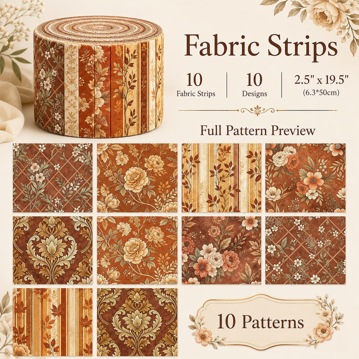10pcs Vintage Autumn Floral Pattern Jelly Roll Fabric Strips 2.5X19.7inch Pre-Cut 100% Polyester For Patchwork Quilts, Table Runners, Placemats, Tote Bags, Storage Pouches, Makeup Bags, Coasters, Quilt Blocks & Binding