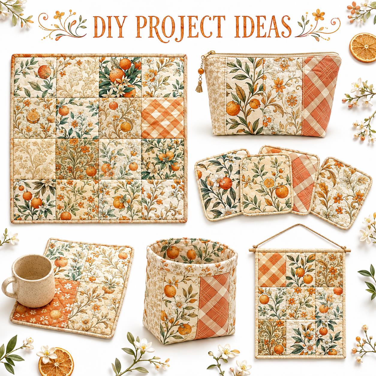 10Pc/Set Fruit Orange Series Flower Fat Quarter Fabric, Pre-Cut Square Fabric Assort, Fabric Set, Craft Fabric, Handmade DIY Patchwork Fabric,Home Quilting Sewing Fabric, Packaging Fabric, Scrapbooking Craft Hobbyist
