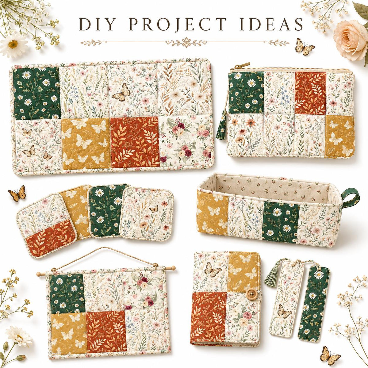 10pcs Charm Pack Set Floral Pattern 100% Polyester Patchwork in 10 Design Styles, Ready-to-Sew Without Cutting, Suitable For Patchwork Wallet Making Gift Giving Tote Bags Coasters DIY Craft Projects