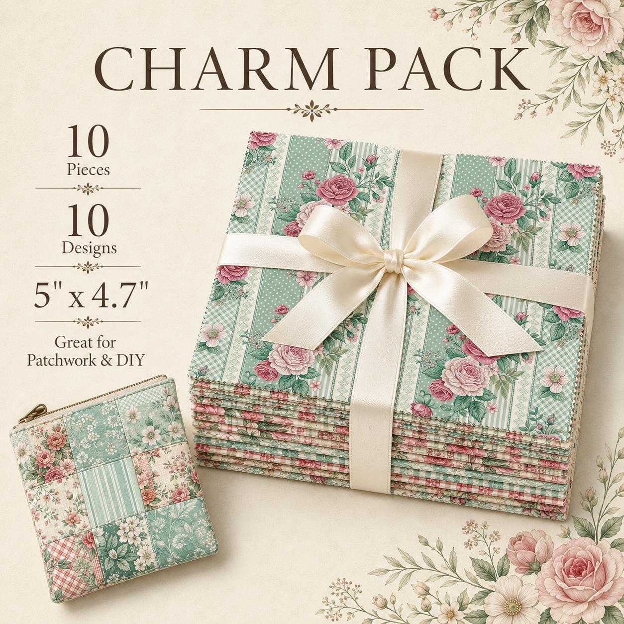 10pcs Charm Pack Set Floral Vintage Style Pattern Handmade DIY with Rich Color and Texture Elements 100% Polyester Patchwork in 10 Design Styles Suitable for Patchwork DIY Craft Projects DIY Wallet Making Gift Giving Bag Making Mother's Day Gift