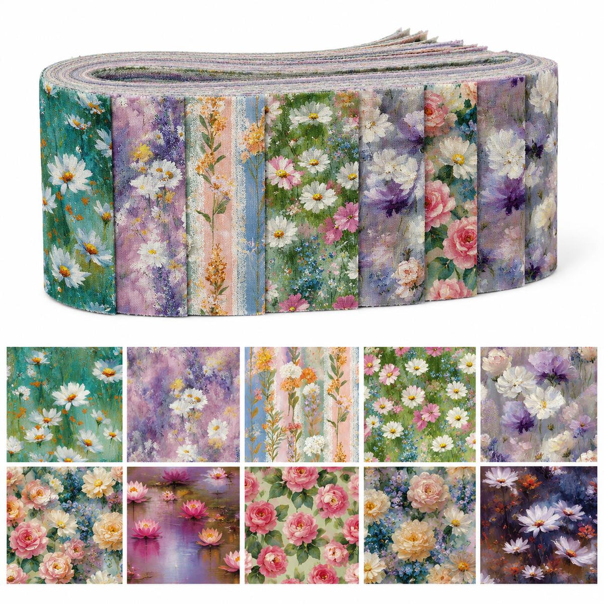 10pcs Vintage Floral Painting Pattern Jelly Roll Fabric Strips 2.5X19.7inch Pre-cut 100% Polyester for Patchwork Quilts, Table Runners, Placemats, Tote Bags, Storage Pouches, Makeup Bags, Coasters, Quilt Blocks & Binding Multi-color