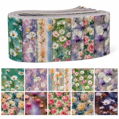 10pcs Vintage Floral Painting Pattern Jelly Roll Fabric Strips 2.5X19.7inch Pre-cut 100% Polyester for Patchwork Quilts, Table Runners, Placemats, Tote Bags, Storage Pouches, Makeup Bags, Coasters, Quilt Blocks & Binding Multi-color