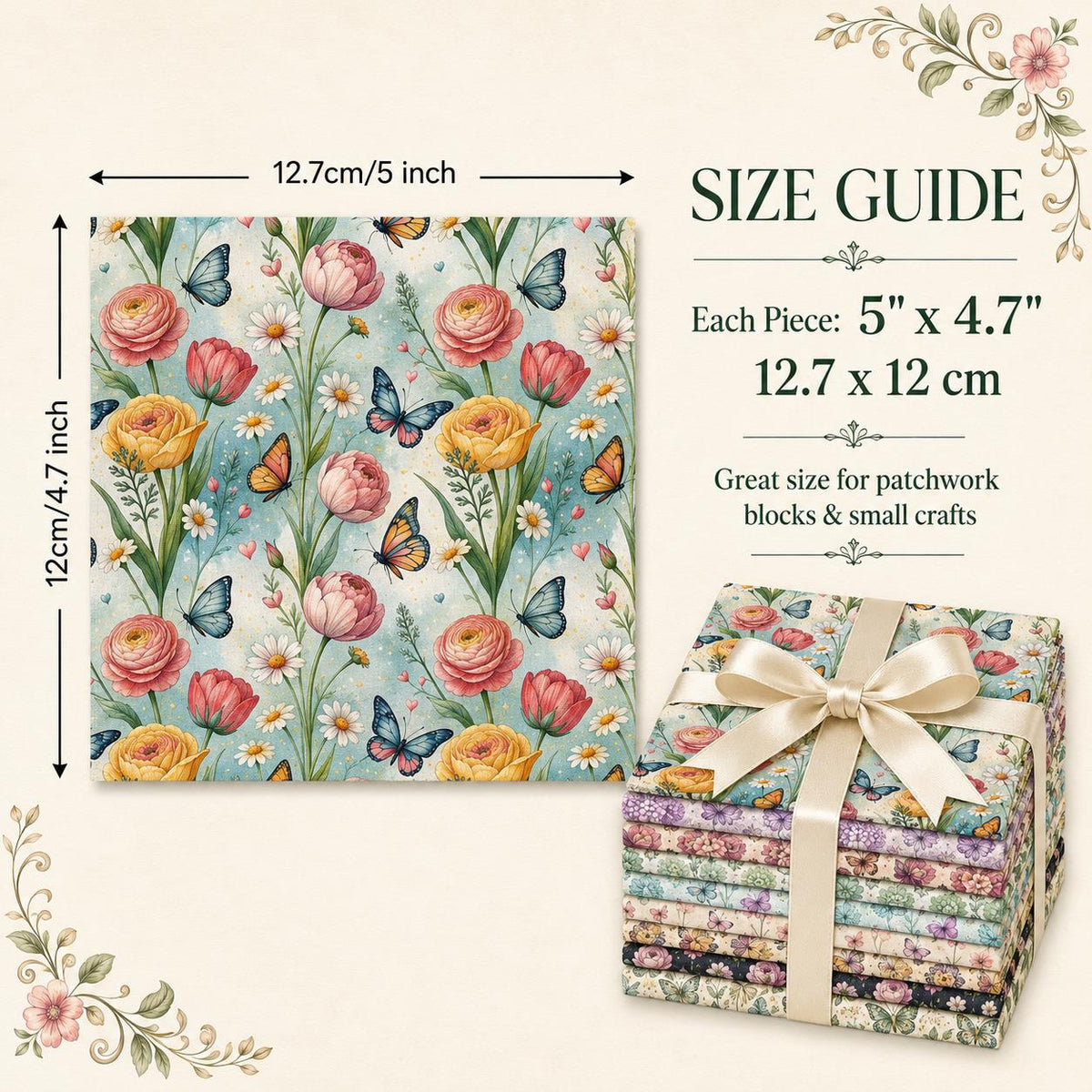 10Pc/Set Flower Series Rose Butterfly Fat Quarter Fabric, Pre-Cut Square Fabric Assort, Fabric Set, Craft Fabric, Handmade DIY Patchwork Fabric,Home Quilting Sewing Fabric, Packaging Fabric, Scrapbooking Craft Hobbyist
