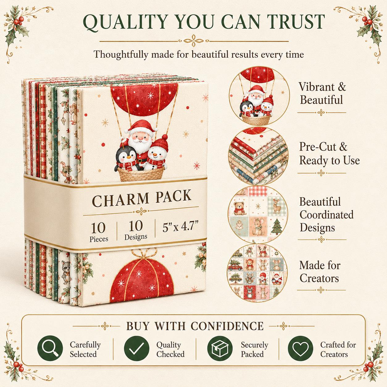 10Pc/Set Christmas Series Santa Claus Deer Holly Crutch Christmas Tree Fox Fat Quarter Fabric, Pre-Cut Square Fabric Assort, Fabric Set, Craft Fabric, Handmade DIY Patchwork Fabric,Home Quilting Sewing Fabric, Packaging Fabric, Scrapbooking Craft Hobbyist