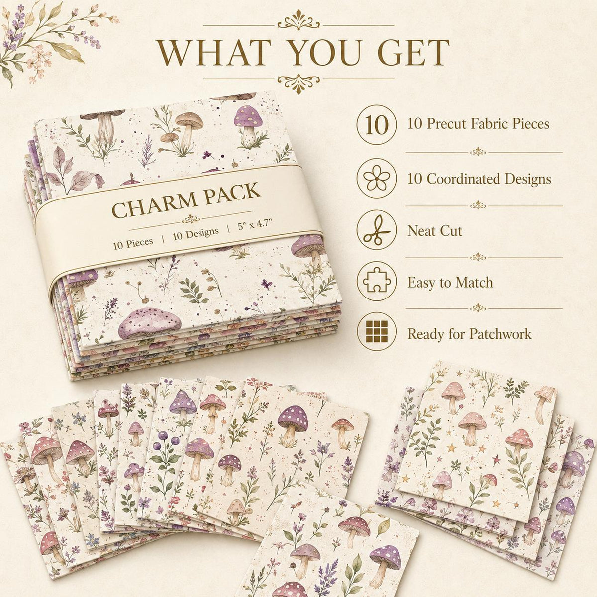 10pcs Charm Pack Set Mushroom Floral Deer Pattern Vintage Style Handmade DIY with Rich Color and Texture Elements 100% Polyester Patchwork in 10 Design Styles Suitable for Patchwork DIY Craft Projects DIY Wallet Making Gift Giving Bag Making Mother's Day