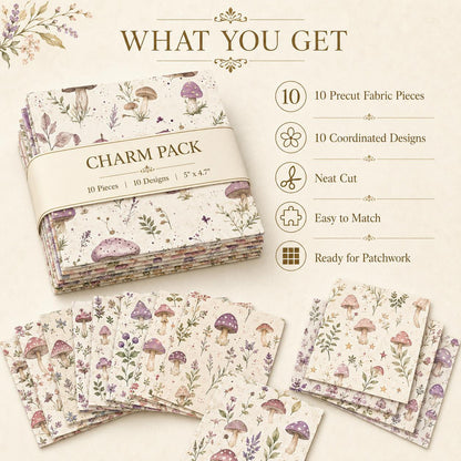 10pcs Charm Pack Set Mushroom Floral Deer Pattern Vintage Style Handmade DIY with Rich Color and Texture Elements 100% Polyester Patchwork in 10 Design Styles Suitable for Patchwork DIY Craft Projects DIY Wallet Making Gift Giving Bag Making Mother's Day