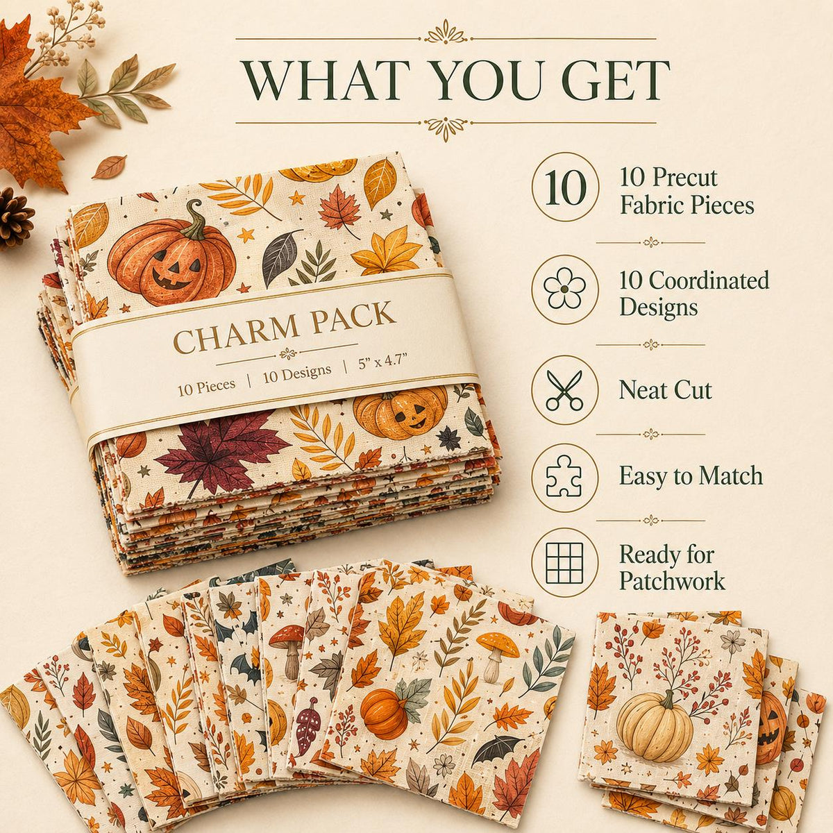 10Pc/Set Halloween Autumn Series Skull Pumpkin Mushroom Maple Leaf Bat Fat Quarter Fabric, Pre-Cut Square Fabric Assort, Fabric Set, Craft Fabric, Handmade DIY Patchwork Fabric,Home Quilting Sewing Fabric, Packaging Fabric, Scrapbooking Craft Hobbyist