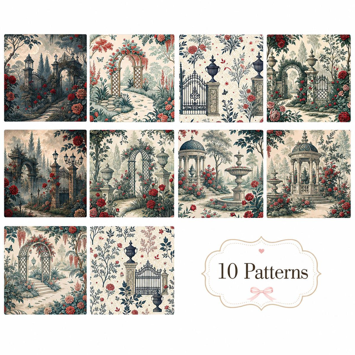10pcs Vintage Floral Door Pavilion Pattern Jelly Roll Fabric Strips 2.5X19.7inch Pre-Cut 100% Polyester For Patchwork Quilts, Table Runners, Placemats, Tote Bags, Storage Pouches, Makeup Bags, Coasters, Quilt Blocks & Binding