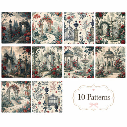 10pcs Vintage Floral Door Pavilion Pattern Jelly Roll Fabric Strips 2.5X19.7inch Pre-Cut 100% Polyester For Patchwork Quilts, Table Runners, Placemats, Tote Bags, Storage Pouches, Makeup Bags, Coasters, Quilt Blocks & Binding
