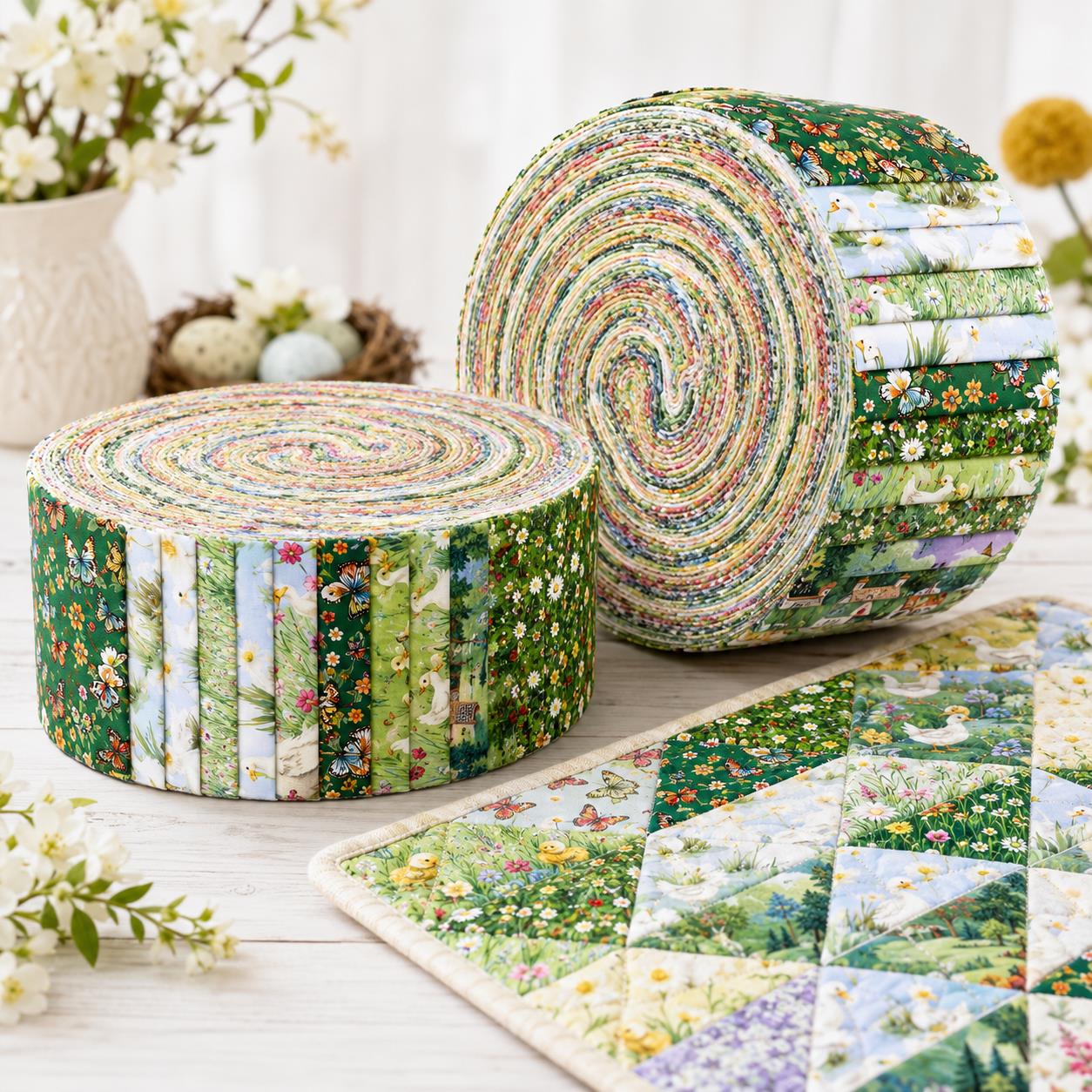 10pcs Vintage Duck Grass Jelly Roll Fabric Strips 2.5X19.7inch Pre-Cut 100% Polyester For Patchwork Quilts, Table Runners, Placemats, Tote Bags, Storage Pouches, Makeup Bags, Coasters, Quilt Blocks & Binding Birthday Gift