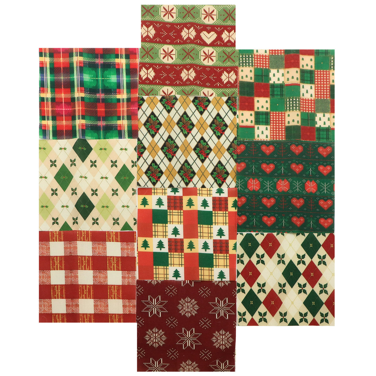 10Pc/Set Christmas Series Stripe Heart Plaid Holly Pinecones Fat Quarter Fabric, Pre-Cut Square Fabric Assort, Fabric Set, Craft Fabric, Handmade DIY Patchwork Fabric,Home Quilting Sewing Fabric, Packaging Fabric, Scrapbooking Craft Hobbyist