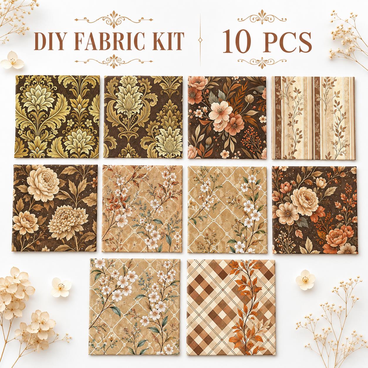 10pcs Charm Pack Set Floral Autumn Pattern Vintage Style Pattern Handmade DIY with Rich Color and Texture Elements 100% Polyester Patchwork in 10 Design Styles Suitable for Patchwork DIY Craft Projects DIY Wallet Making Gift Giving Bag Making