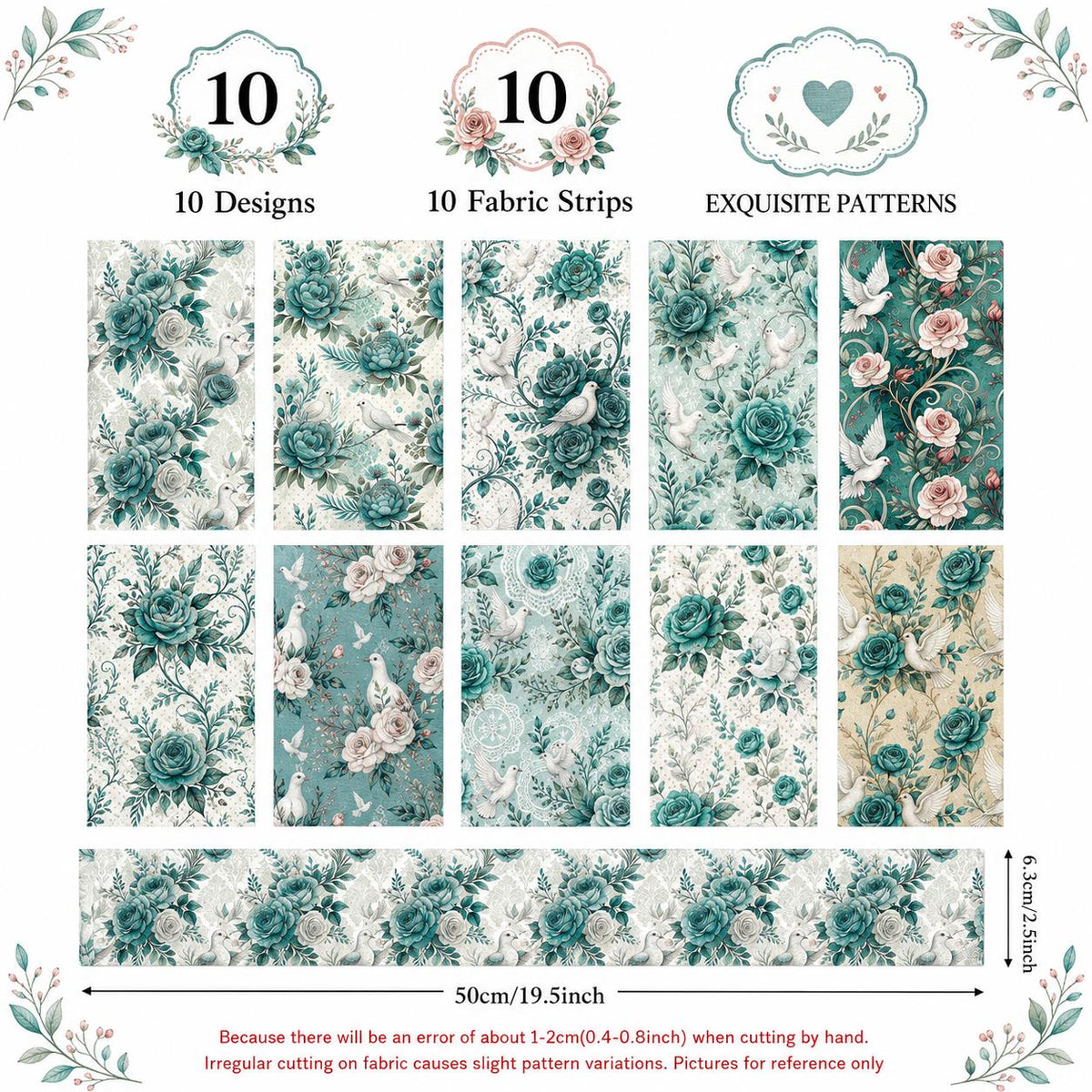 10pcs Vintage Blue Floral Burgundy Pattern Jelly Roll Fabric Strips 2.5X19.7inch Pre-Cut 100% Polyester For Patchwork Quilts, Table Runners, Placemats, Tote Bags, Storage Pouches, Makeup Bags, Coasters, Quilt Blocks & Binding