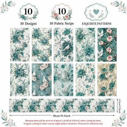 10pcs Vintage Blue Floral Burgundy Pattern Jelly Roll Fabric Strips 2.5X19.7inch Pre-Cut 100% Polyester For Patchwork Quilts, Table Runners, Placemats, Tote Bags, Storage Pouches, Makeup Bags, Coasters, Quilt Blocks & Binding