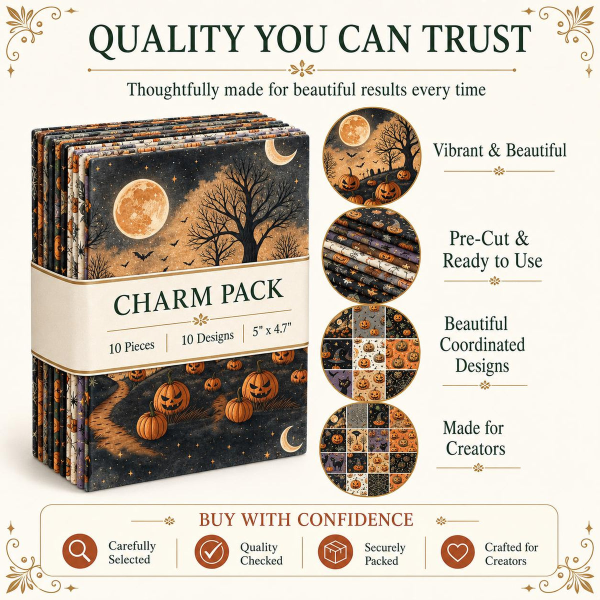 10pcs Charm Pack Set Halloween Pumpkin Holly Snow Pattern Vintage Style Handmade DIY with Rich Color and Texture Elements 100% Polyester Patchwork in 10 Design Styles Suitable for Patchwork DIY Craft Projects DIY Wallet Making Gift Giving Bag Making Mothe