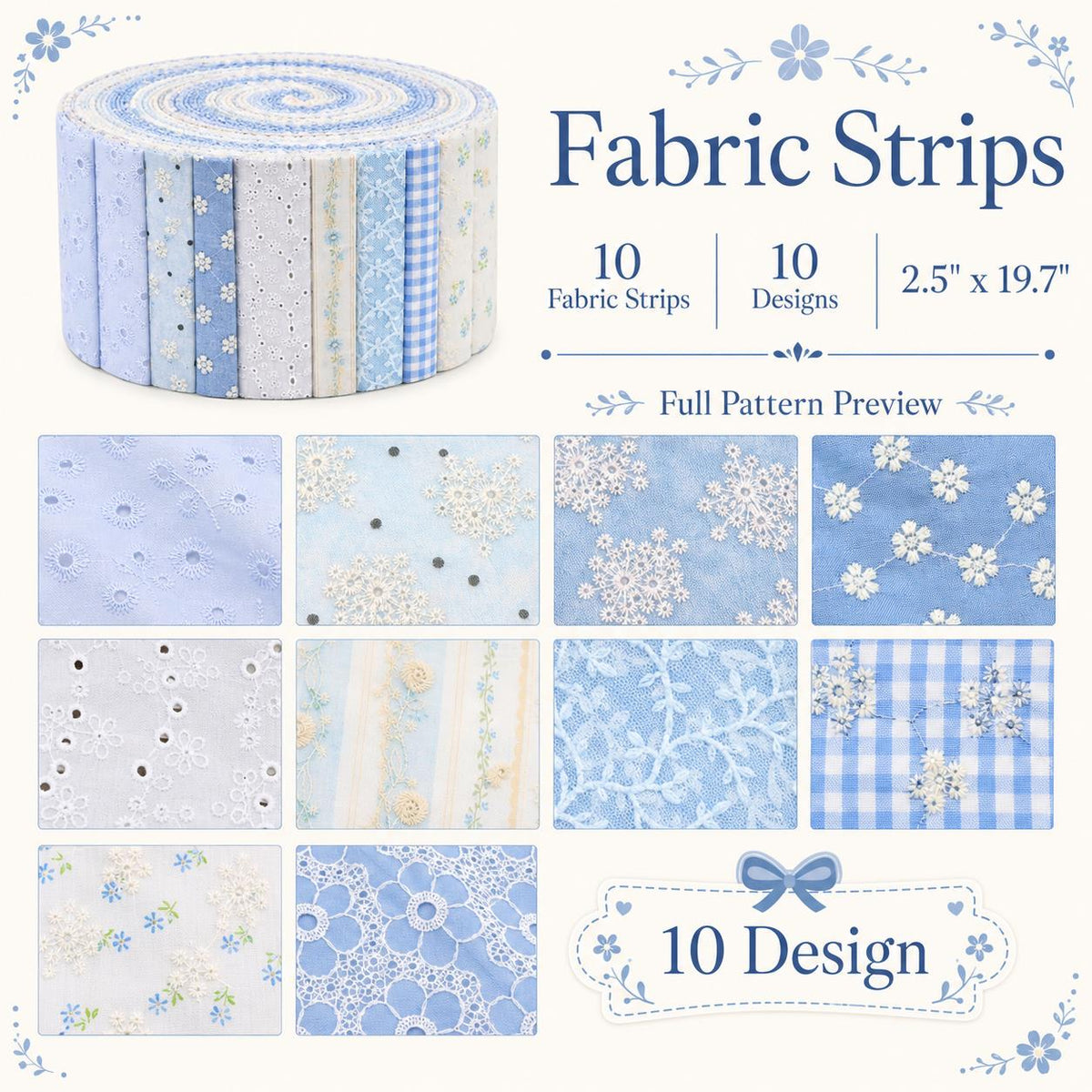 10pcs Vintage Floral Blue & White Pattern Purple Jelly Roll Fabric Strips 2.5X19.7inch Pre-cut 100% Polyester for Patchwork Quilts, Table Runners, Placemats, Tote Bags, Storage Pouches, Makeup Bags, Coasters, Quilt Blocks & Binding